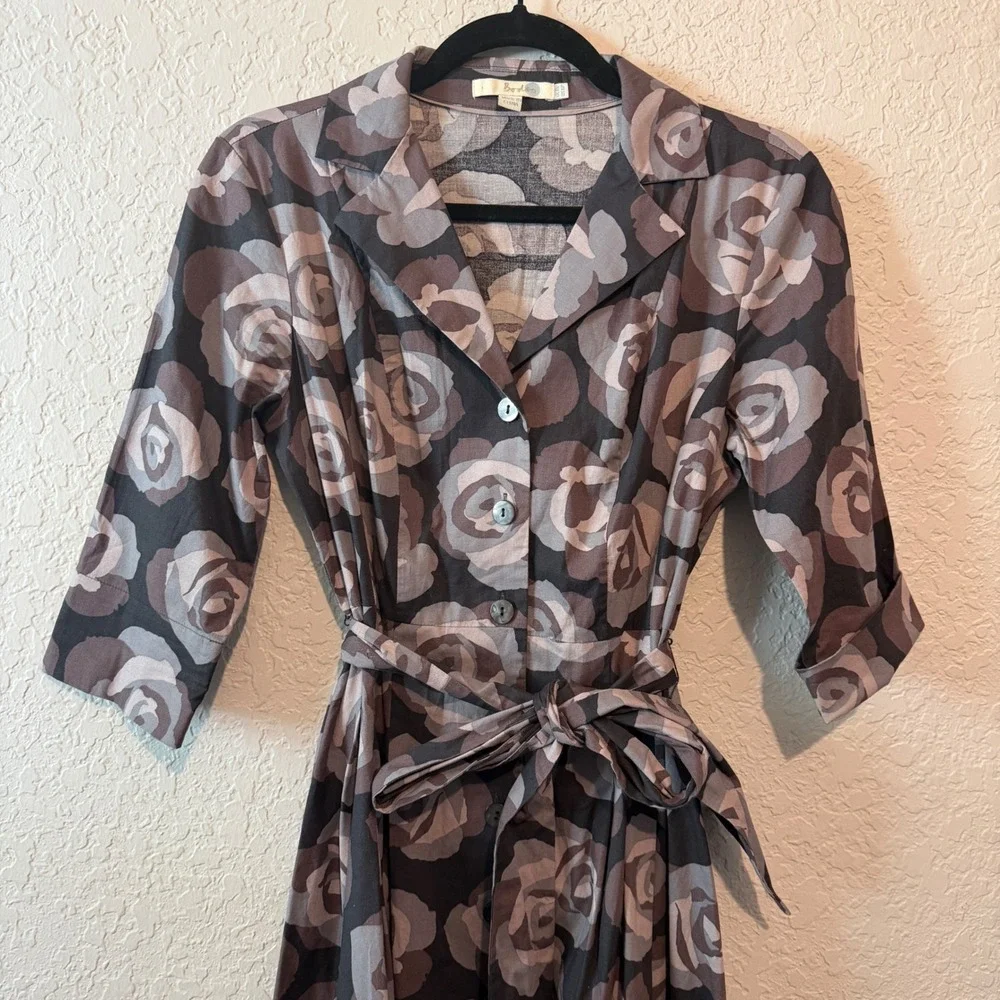 Boden Floral Cotton Shirt Dress 6P Dark Academia Retro Rose Print Grey